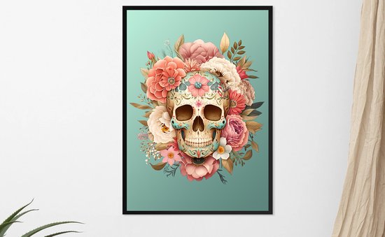 Prachtige poster van "Mexican Sugar skull", in pasteltinten - Schedel gehuld in bloemen - 50x70cm met zwarte kunststof wissellijst