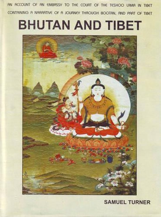 Boekcover met de titel 'BHUTAN EN TIBET'. Centraal een Boeddhistische afbeelding met figuren en bloemen.