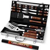 Set van 26 roestvrijstalen barbecue-accessoires, hoogwaardig barbecuebestek, koffer, perfecte grillgereedschapsset voor mannen, cadeau met draagbare opbergkoffer en vleesthermometer, bruin