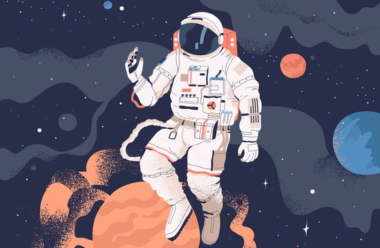Muurbehang Cartoon Kosmisch Raket - Ruimte Planet Behang 200x140 Cm Voor Woonkamer En Slaapkamer