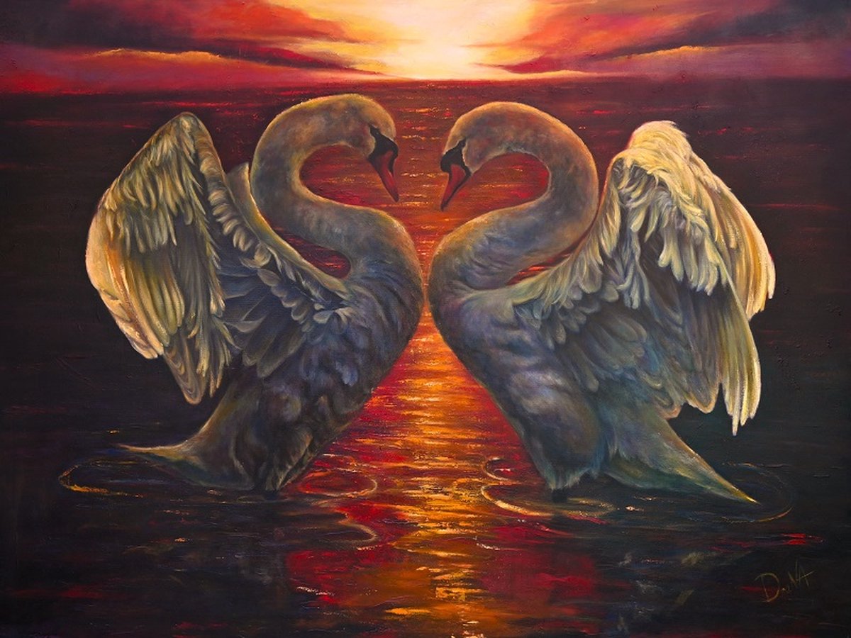 Glasschilderij - Zwanen Zonsondergang - Spirituele Kunst & Symboliek - 120 x 90 cm. - myDeaNA