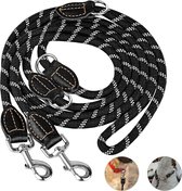 Hondenriem, dubbele riem voor grote honden, verstelbare hondenriem met premium versterking voor middelgrote en middelgrote honden, halsriem, nylon, dubbele riem met 2 karabijnhaken, 3 m 1 (lengte) x 14 mm, zwart