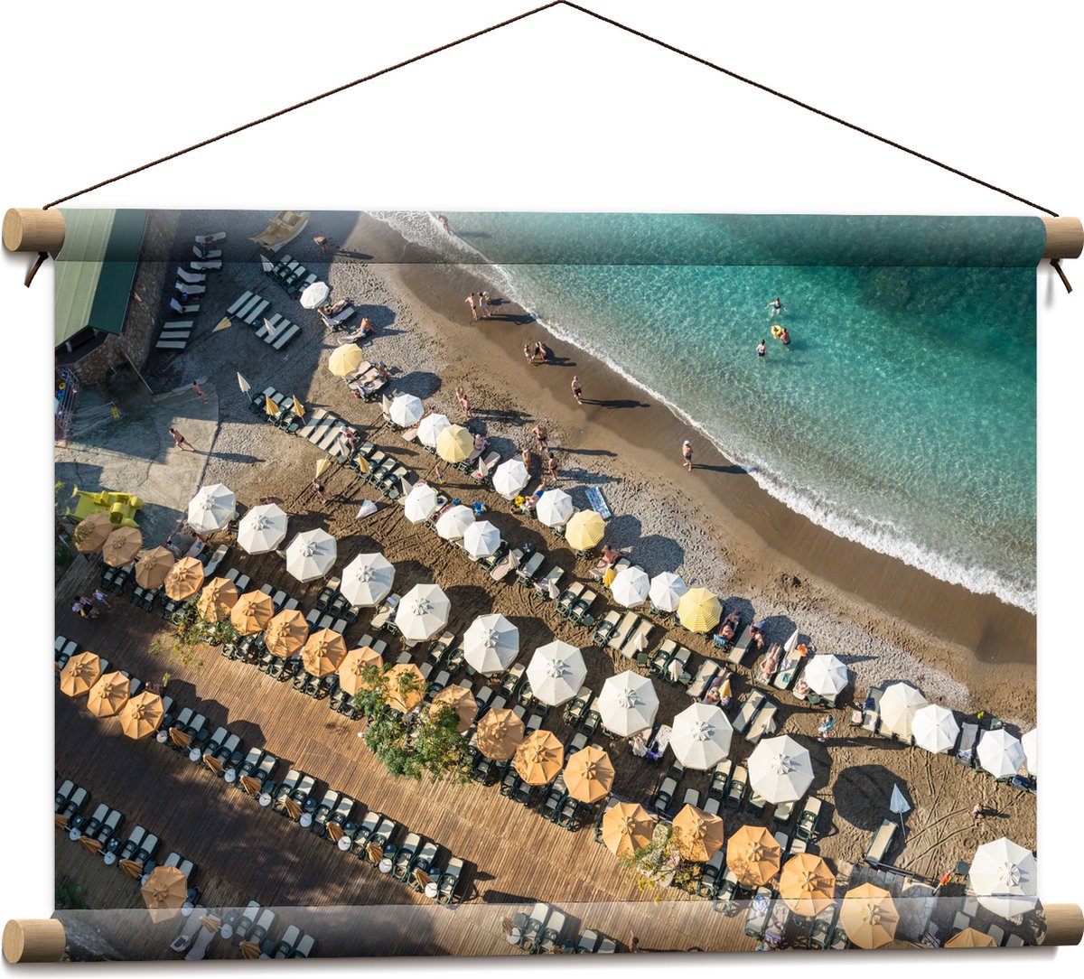 Textielposter - Zee - Strand - Bedjes - Parasols - Water - Hout - Mensen - 60x40 cm Foto o