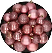 Boules de Noël - 30x pcs - vieux rose - 4, 5, 6 cm - plastique - mat-brillant-paillettes