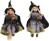Halloween decoratie heksen pop op bezem - 2x - 20 cm - groen/grijs