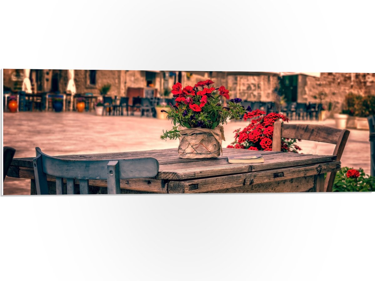 PVC Schuimplaat- Tafel - Pleintje - Bloemen - Stoelen - Parasol - Kleuren - 90x30 cm Foto