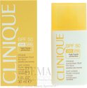 Gele verpakking en witte fles met gele dop van Clinique mineraal zonnebrandfluïde voor het gezicht SPF 50.
