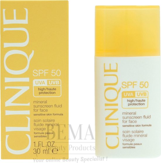 Gele verpakking en witte fles met gele dop van Clinique mineraal zonnebrandfluïde voor het gezicht SPF 50.