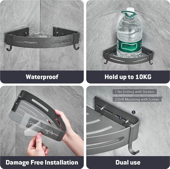 Gricol Douche Hoekplank Zonder Ruimte om te Boren Aluminium Wandmontage met Stickers Douche Mandje Organizer voor Badkamer 2 Schappen Zilver