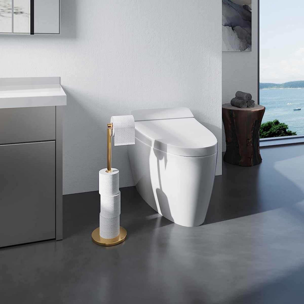 Staande toiletpapierhouder, 304 roestvrij staal, wc-papierhouder met heavy duty basis, vrijstaand, anti-roest toiletpapieropslag, wc-rolhouder, toiletpapierstandaard (goud