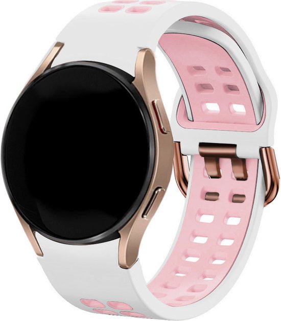 Bracelet Strap-it adapté au Samsung Galaxy Watch 5 40 mm bracelet carré sport (blanc/rose) - Bracelet en silicone Galaxy Watch 5 40 mm - Incl. protection d'écran - Étui de protection - Étui rigide transparent à couverture complète