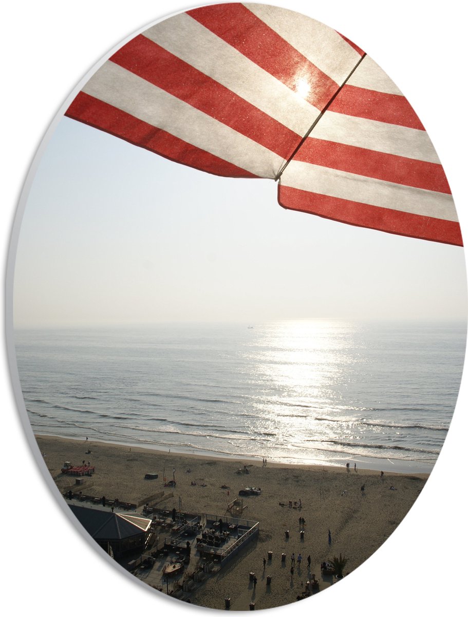 PVC Schuimplaat Ovaal - Strand - Zee - Zand - Parasol - Mensen - Strandtent - Zon - 21x28