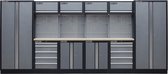 Kraftmeister werkplaatsinrichting - Werkbank met 4 wandkasten, 2 werkplaatskasten en multiplex werkblad - Werktafel met 10 laden, 2 opbergkasten en gereedschapswand - Complete set voor werkplaats of garage - Grijs