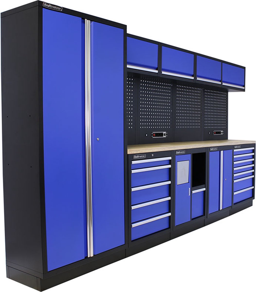 Kraftmeister werkplaatsinrichting - Werkbank met 4 wandkasten, 1 werkplaatskast en multiplex werkblad - Werktafel met 12 laden, 1 opbergkast, 1 prullenbak en gereedschapswand - Complete set voor werkplaats of garage - Blauw