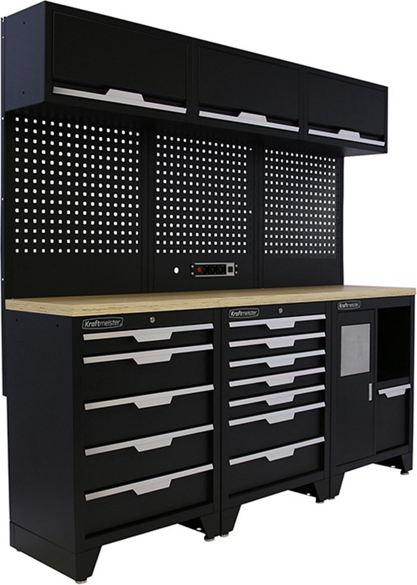 Kraftmeister werkplaatsinrichting - Werkbank met 3 wandkasten en multiplex werkblad - Werktafel met 12 laden en gereedschapswand - Complete set voor werkplaats of garage - Zwart