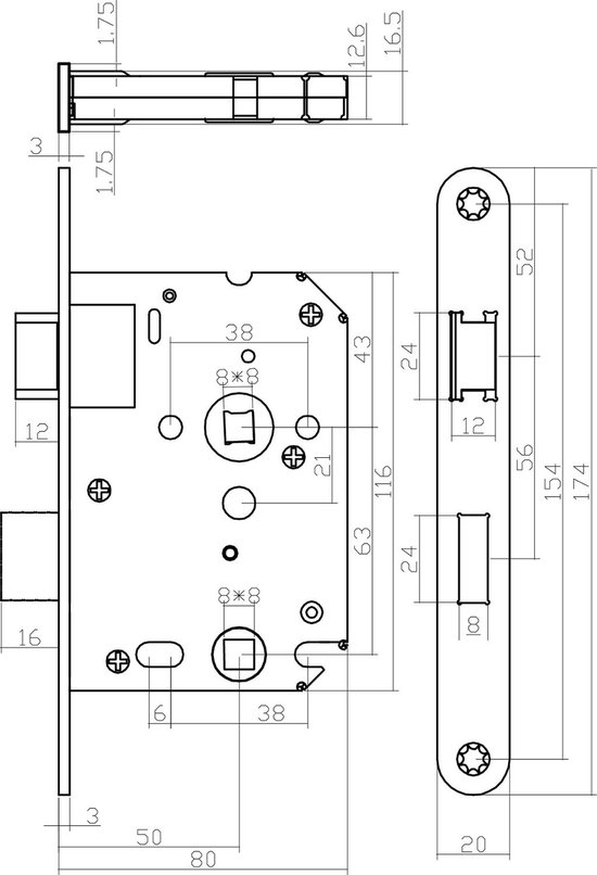 Technische tekening van een slot met afmetingen in mm.