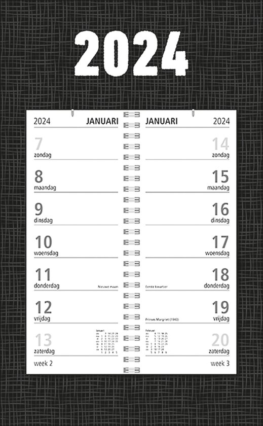 MGPcards - Omlegweekkalender 2024 - Week begint op Zondag - Zwart