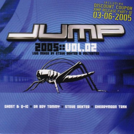 CD-hoes met de titel 'JUMP 2005 Vol. 2' en een illustratie van een sprinkhaan. Inclusief kortingsbon voor JUMP RELEASE PARTY 02 op 03-06-2005.