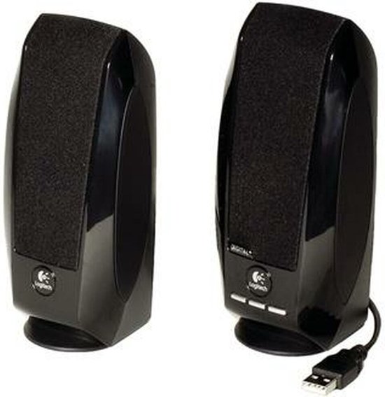Twee zwarte Logitech speakers, de rechter met USB-kabel en "DIGITAL" logo.