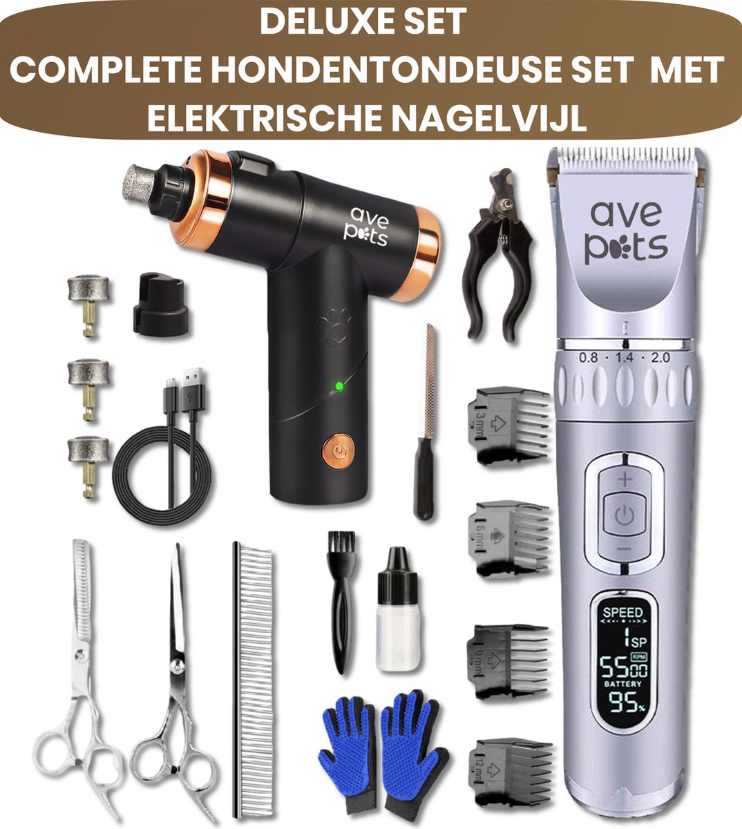 AVE Pets Hondentondeuse en Elektrische Nagelvijl Verzorging set - Draadloos Tondeuse en Vijl - Scheerapparaat - Hond of Kat - Huisdier Trimmer - Dieren