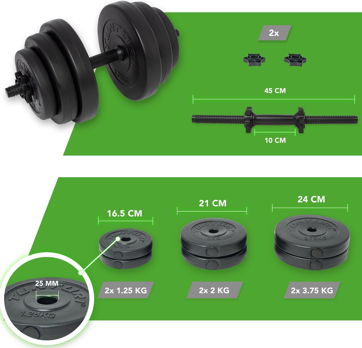 Tunturi Dumbbellset - Halterset - Totaal 15 kg - Zwart Vinyl - Incl. gratis fitness app – foto 4