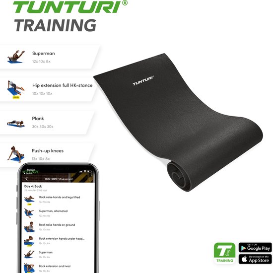 Tunturi XPE Fitnessmat - Oefenmat - 160 cm x 60 cm x 0,7 cm - Zwart - Incl. gratis fitness app - Tunturi