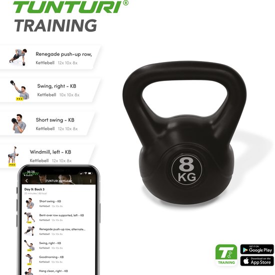 Zwarte kettlebell met opdruk '8 KG' naast een lijst met oefeningen en een smartphone.