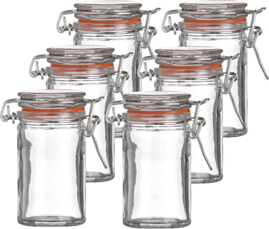 Six mini bocaux en verre avec joints en caoutchouc orange et fermetures à levier métalliques.