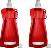 Waterfles/drinkfles/sportbidon opvouwbaar - 2x - rood - kunststof - 420 ml - schroefdop - karabijnhaak