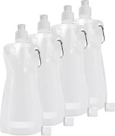 Waterfles/drinkfles/sportbidon opvouwbaar - 4x - wit - kunststof - 420 ml - schroefdop - karabijnhaak