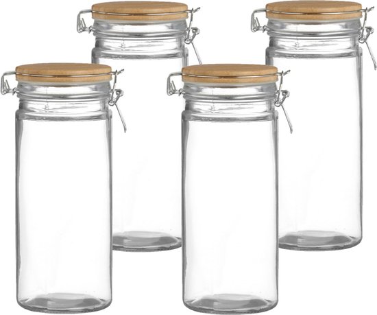 Urban Living Weckpot/inmaakpot - 4x - 1,3L - glas - met beugelsluiting - bamboe deksel