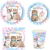96-delige party set Happy Cats pastel - kat - poes - huisdier - party - feest - decoratie - servies- kinderfeest
