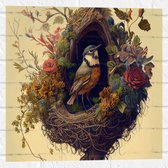 Muursticker - Koolmees Vogel in het Nest Versierd met Bloemen - 50x50 cm Foto op Muursticker