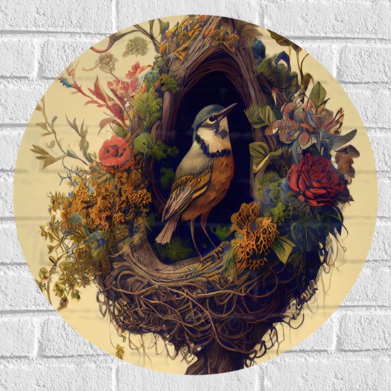 Muursticker Cirkel - Koolmees Vogel in het Nest Versierd met Bloemen - 60x60 cm Foto op Muursticker