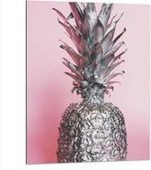 Dibond - Zilveren Ananas met Roze Achtergrond - 75x100 cm Foto op Aluminium (Met Ophangsysteem)