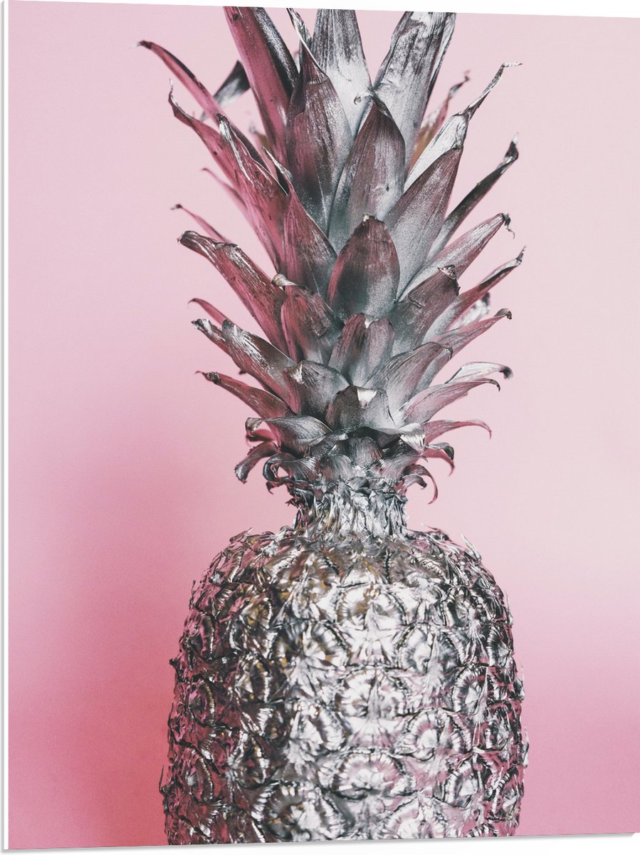PVC Schuimplaat- Zilveren Ananas met Roze Achtergrond - 60x80 cm Foto op PVC Schuimplaat