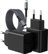 USB C Adapter 2 Poorten + Oplaadkabel - Geschikt voor iPhone Kabel USB-C 2 Meter - Snellader - 35W, 20W, 25W