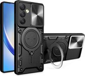 Hoesje met Camera Slider Geschikt voor de Samsung Galaxy A54 - Back Cover met Standaard - Ronde Uitklapbare Kickstand Ring - Beschermhoes TPU - Magneet voor Auto Houder Zwart
