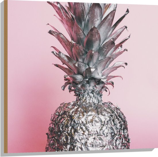 Hout - Zilveren Ananas met Roze Achtergrond - 80x80 cm - 9 mm dik - Foto op Hout (Met Ophangsysteem)