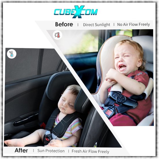 CUBEXCOM® Luxe Auto Zonnescherm, Autoraamschaduwen voor baby, kinderen, volwassenen en huisdieren, 2 STUKS, Autoruit Zonwering, Universele zonnescherm Zonnewering, Auto Klamboe Gordijn, UV Zonbescherming Protectie, Anti-Verblinding, Tot 95 cm van CUBE — afbeelding 4