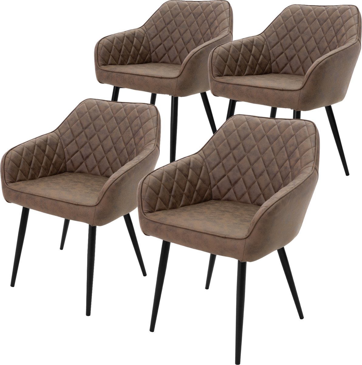 ml-design Eetkamerstoelen set van 4 met armleuningen en rugleuning, bruine stoelen met comfortabele kunstlederen bekleding, stevige keukenstoelen met zwarte metalen poten, ergonomische en moderne stoelen voor eetkamer en woonkamer in huis