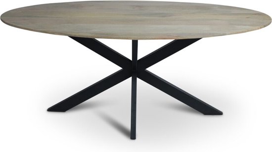Floor tafel met ovale Mango houten blad van 300 x 110 cm met facetrand aan onderzijde. Bladkleur naturel gezandstraald afgewerkt. Onderstel is een spinpoot in de kleur zwart.