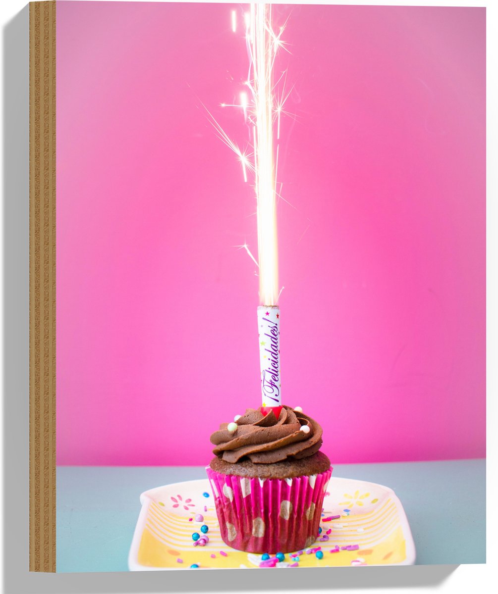 Hout - Verjaardagscupcake met Chocolade Topping en Fontein - 30x40 cm - 9 mm dik - Foto op
