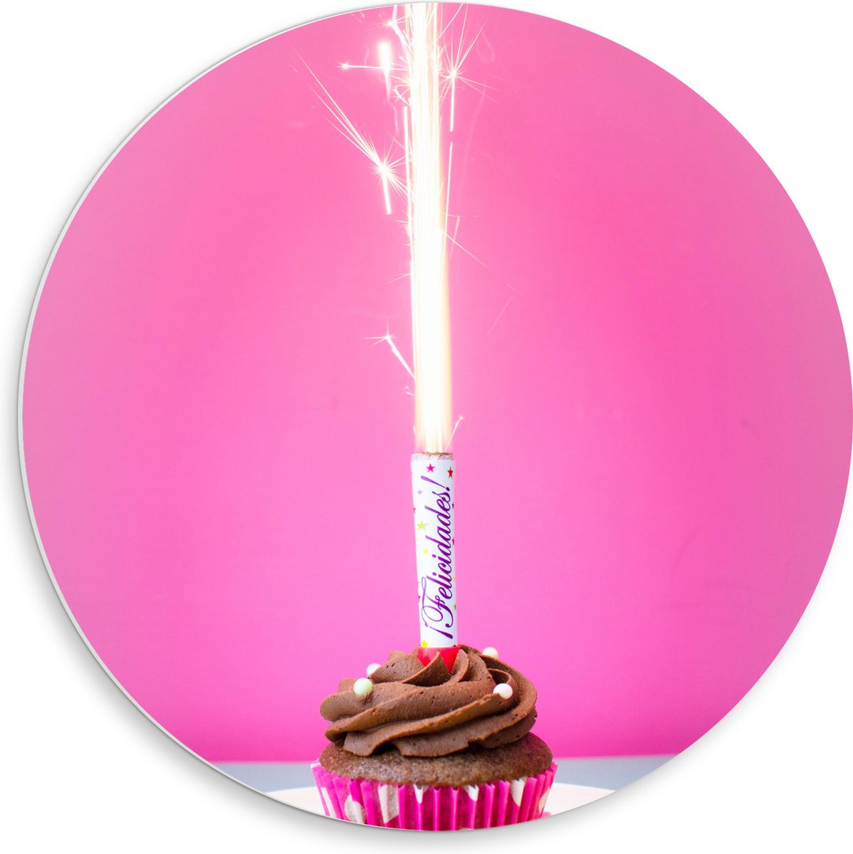 PVC Schuimplaat Muurcirkel - Verjaardagscupcake met Chocolade Topping en Fontein - 50x50 c