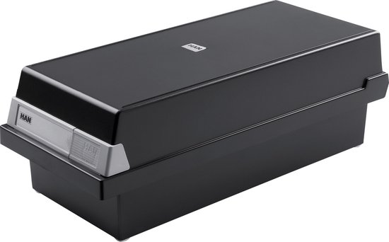 Gesloten zwarte kaartenbak met lichtgrijs accent en deksel.