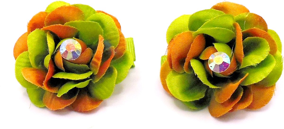 2 roosjes klein met duckklem groen-bruin met diamant