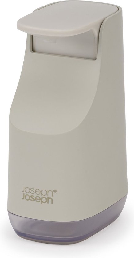 Een staande grijze Joseph Joseph zeepdispenser met een doorschijnende grijze basis.