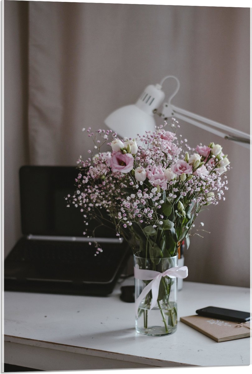 Acrylglas - Bloemen - Boeket - Water - Strik - Lamp - Telefoon - Bureau - Laptop - 60x90 cm Foto op Acrylglas (Met Ophangsysteem)