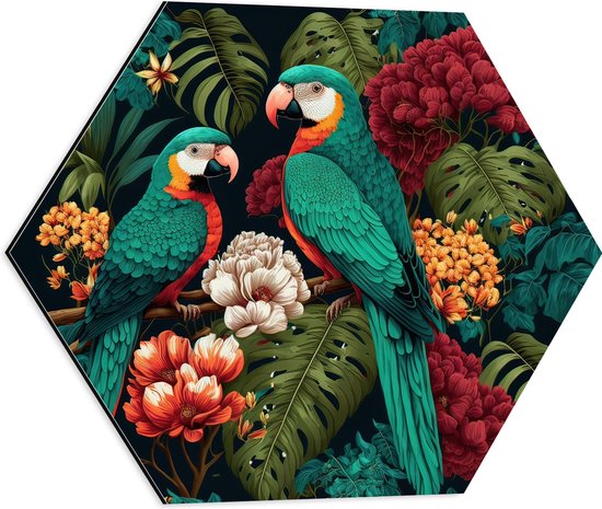 Dibond Hexagon - Schilderij van Twee Papegaaien tussen de Kleurrijke Bloemen en Planten - 50x43.5 cm Foto op Hexagon (Met Ophangsysteem)