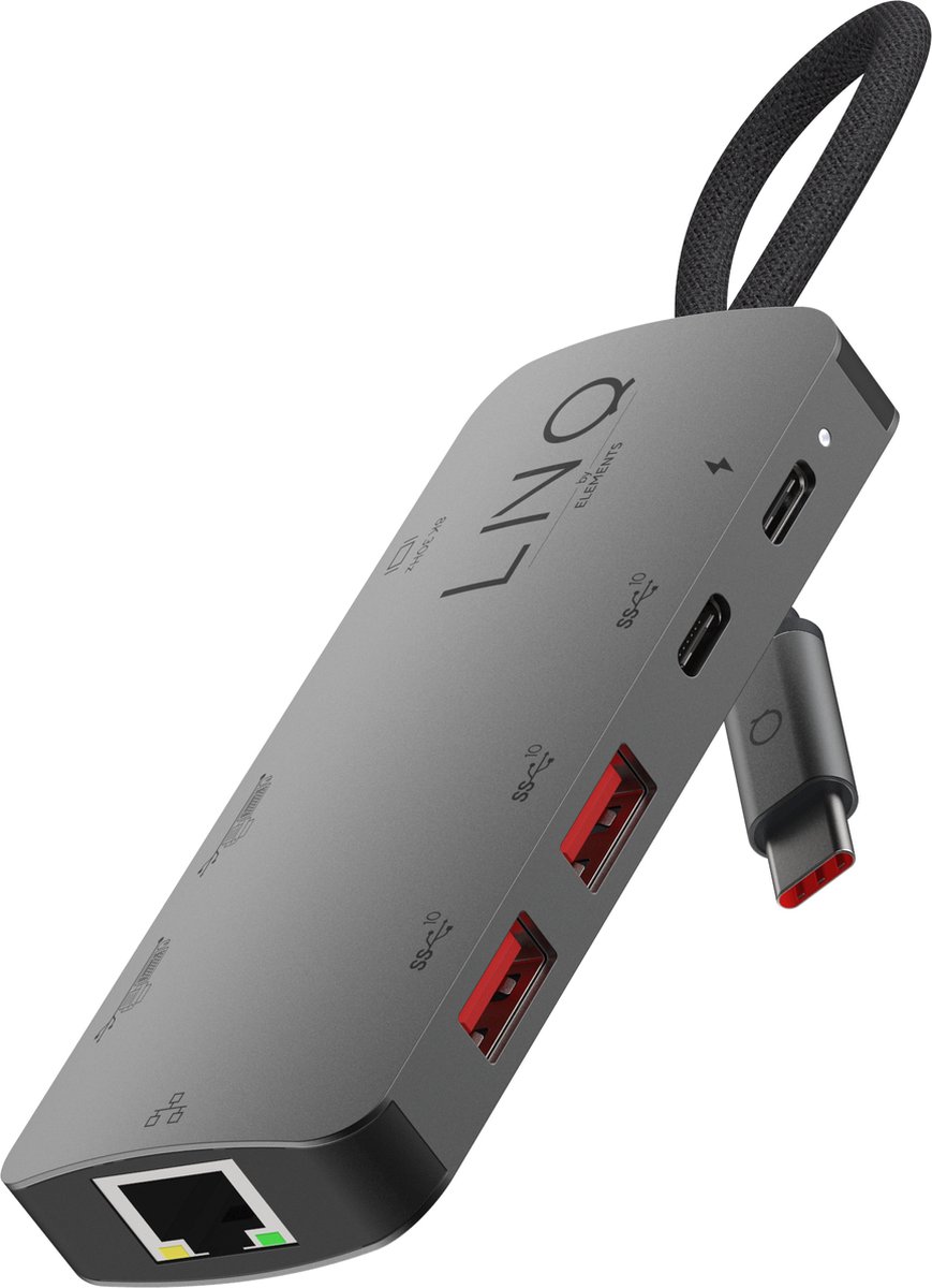 Linq byELEMENTS Pro Multiport Hub 8in1 USB-C (8K Video / Audio 7.1 Surround) USB-C, HDMI, Ethernet, SD- en microSD-kaartlezers - USB 3.1 tot 10Gbps - Grijs